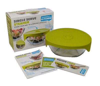 Single Serve Steamer Tomorrows Kitchen Clear Glass Green Silicone Lid NEW