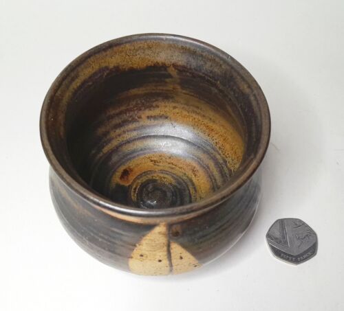 Vtg JMG studio pottery brown stoneware sugar bowl wax resist yacht signed H3in - Picture 4 of 12