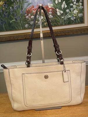 Coach Purse Hampton White W/ Brown Contrast Leather Handbag Shoulder Bag Tote