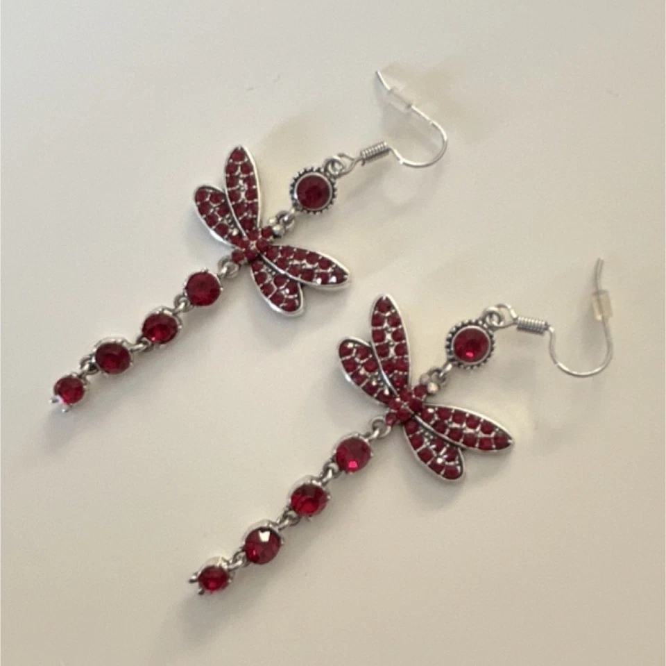 Red Crystal Dragonfly Dangle Drop Earrings Metal Hook - Image 1 of 1