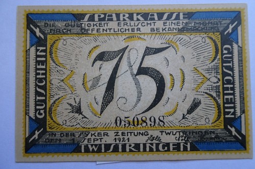 GERMANY 1921 - SPARKASSE TWISTRINGEN - 75 Pfg - AU/UNC - GrM 1349.1 - Picture 2 of 2
