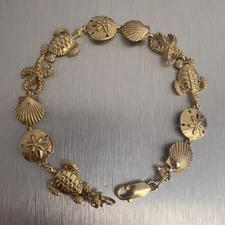 14k Yellow Gold Sealife Crab Shell Lobster Star Fish Turtle Beach Bracelet 7.25"