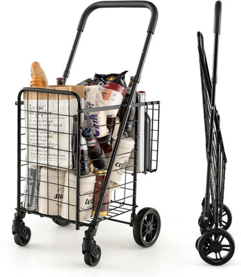 Folding Shopping Utility Cart, Double Basket and 360° Swivel Wheels, Adjustable