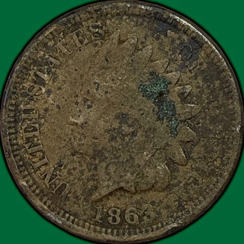 1863 Indian Head Cent Fine F Coin, Heavy Corrosion #38383