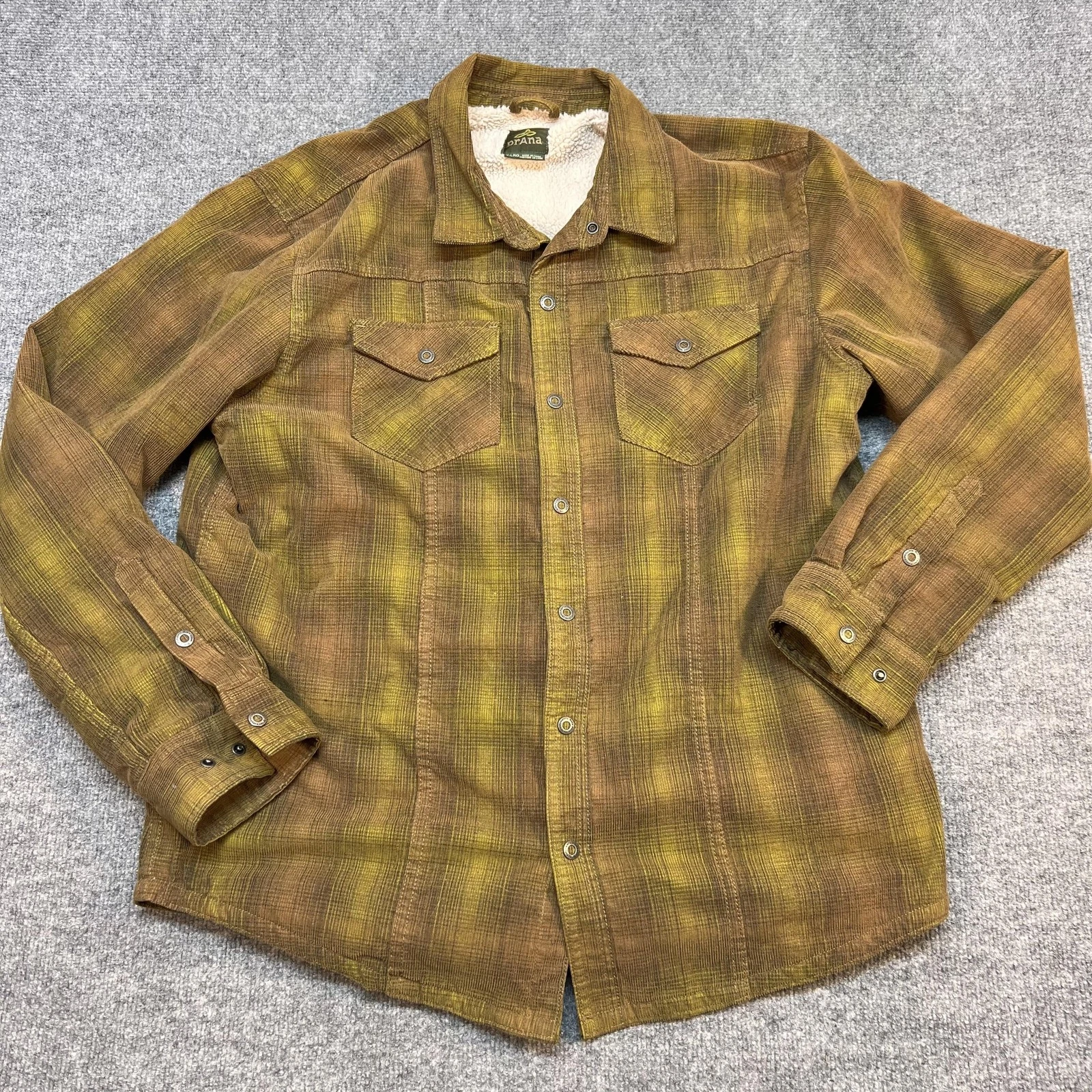 PrAna Jacket Mens XL Brown Plaid Flannel Sherpa Lined Snap Front Outdoor Warm