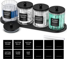 4 Pack Glass Qtip Holder Set with Tray- Bathroom Countertop Set Organizers, C...