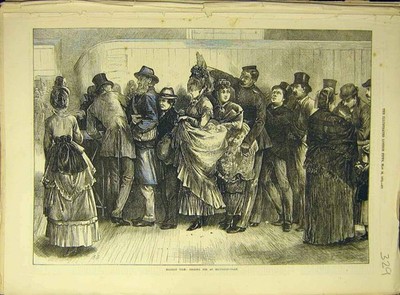 Original alter antiker Druck 1872 Urlaub Ausflug Zug Buchung Personen Schlange