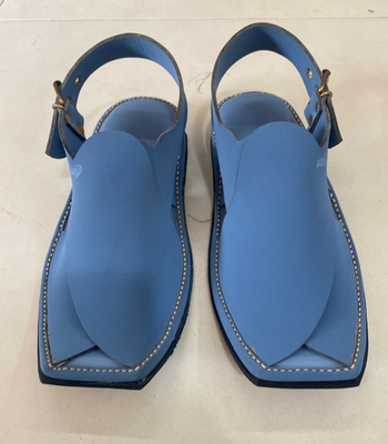 Blue Leather Sandals, Handmade Peshawari Chappal, Traditional Leather Blue Blue Leather Sandals, Handmade Peshawari Chappal  main image 3