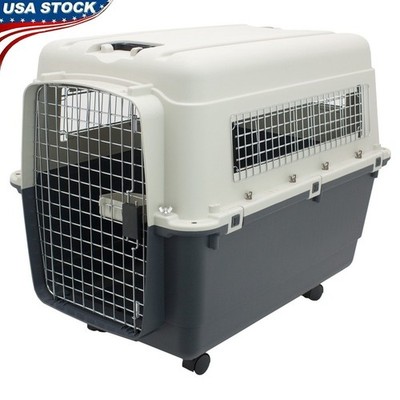 Airline Approved Plastic Dog Kennel W/ Metal Door & Wheels Travel Crate