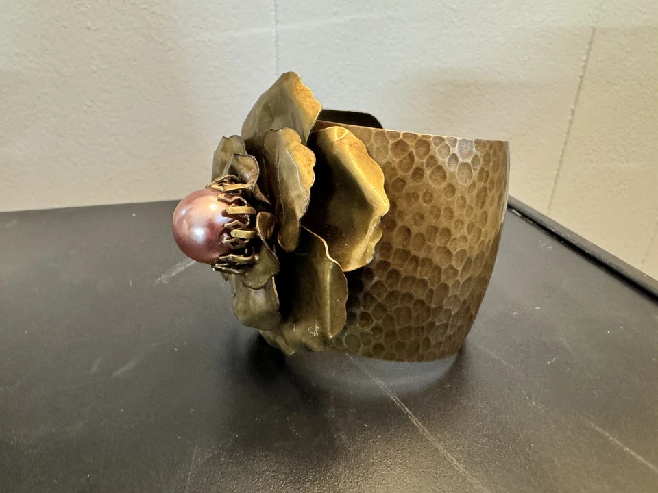 Pulsera Brazalete Ollipop Oro Latón Dulce Romance Esculpido Flor Rosa Perla Foto 4 de 4