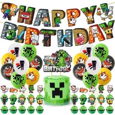 QOQXQOOH Pixel Gamer Birthday Party Supplies Banner Balloons Cake Toppers as01