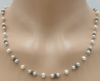 925 Freshwater Pearl Necklace 17in Sterling Silver Hand Knotted Spacers Station