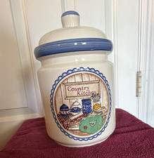 Ceramic Country Kitchen Canister w/ Lid, 15 Cup, Beige/Blue Cylinder Jar