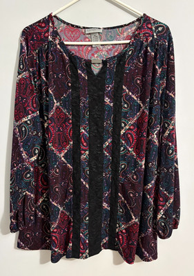 Catherines Top Women 0X 14/16W Paisley Boho Lace Panel Liquid Knit Stretch Tunic
