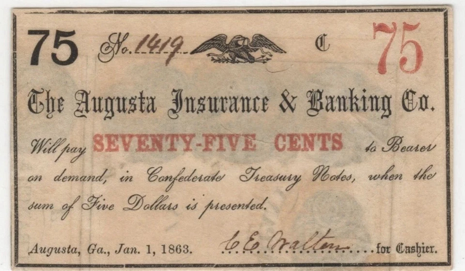 1863 GEORGIA AUGUSTA 75c Rare Civil War Bank Banknote Obsolete Currency, PCGS 53 - Image 3 of 4