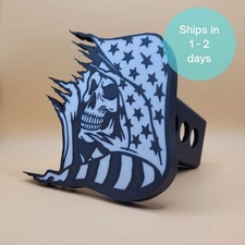 Skull with American Flag Trailer Hitch Cover   Patriotic 2" Receiver Plug, Black