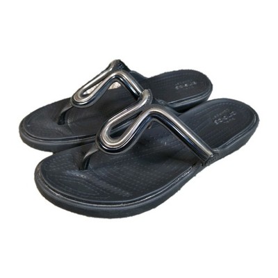 Crocs Sanrah Metal Block Sandals Women's US Size 7 Flip Flops Black & Silver