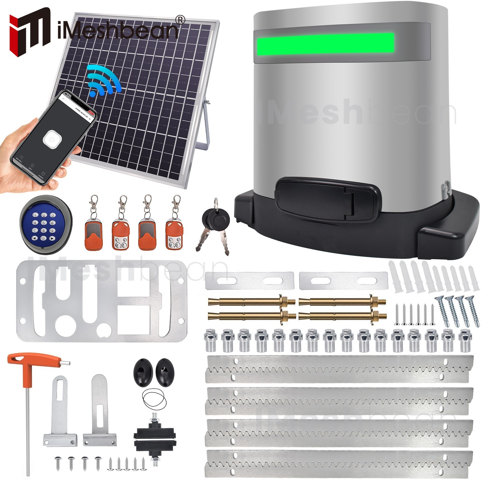 280W 1800LBS Automatic Solar Sliding Gate Opener Rack Driven APP Keypad 4 Remote