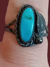 Vintage Navajo Oxidized 925 Sterling Silver Turquoise Size 5.25 Feather Ring