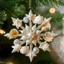 Coastal Christmas Seashell Snowflake 2D Ornament, Aqua Crushed Glass, Starfish,