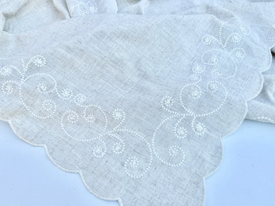 Embroidered Tablecloth Linen 68x52 Minimalist Scallop Lenox Easter Neutral Boho - Image 3 of 4