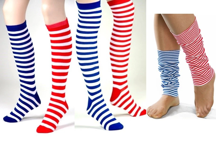Ringelstrümpfe Überknie / Knie-Strümpfe Stulpen rot- oder blau-weiß gestreift