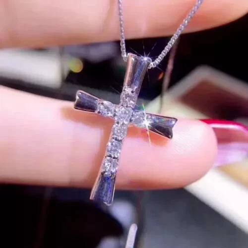 2.00 Ct Round-Cut Real Moissanite Cross Pendant 10K Solid White Gold - Image 2 of 3