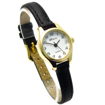Ravel Damen kleine gepflegte leicht ablesbare Quarzuhr schwarzes Armband weißes Zifferblatt R0124.03.2