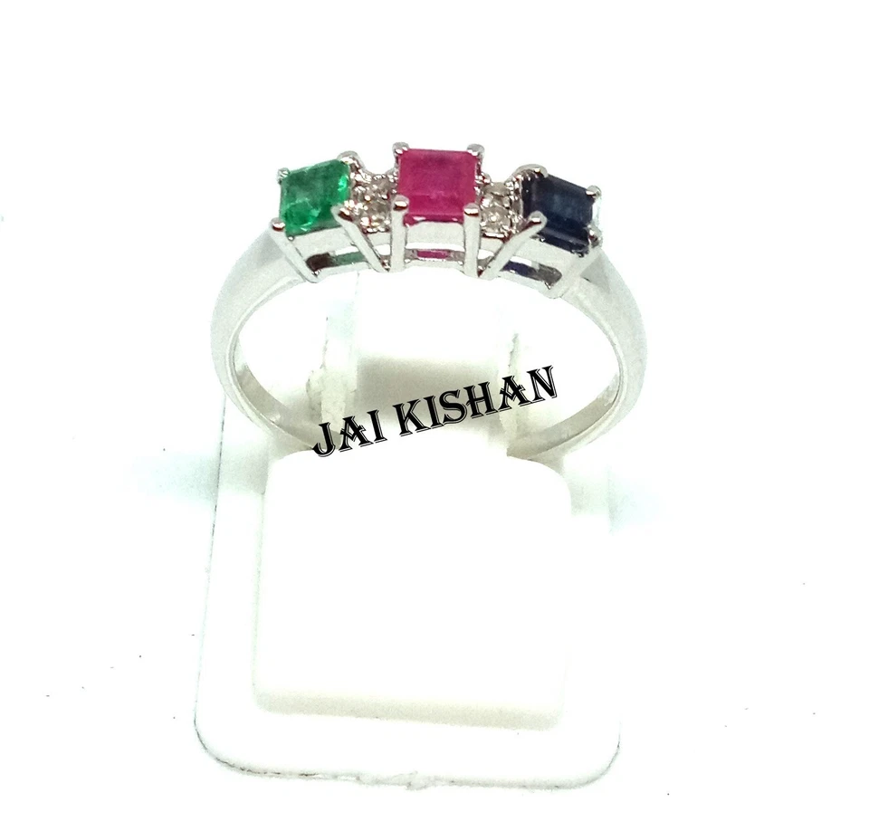 Anello In Argento Sterling 925 Con Gemme Di Smeraldo, Rubino, Zaffiro E Diamante - Immagine 4 di 4