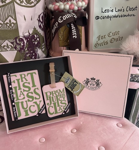 NIB Y2K Juicy Couture Pink And Green FIRST CLASS Luggage Tag Passport Holder Set