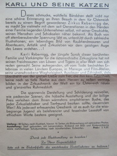 Orig. Werbung Verlag Buch Karli und seine Katzen Rebernigg Zirkus Circus 1955 - Bild 3 von 4