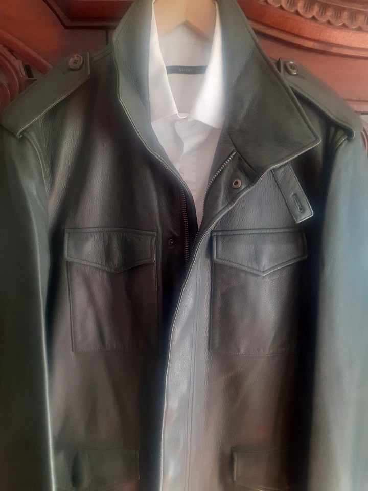 Men's $6k C. ATTOLINI Military Green DEER Luxury Nappa Leather Jacket US42 IT52 - Image 2 of 4