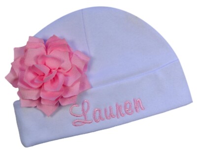 Personalized Embroidered Baby Girl Hat with Lotus Flower and Custom Name