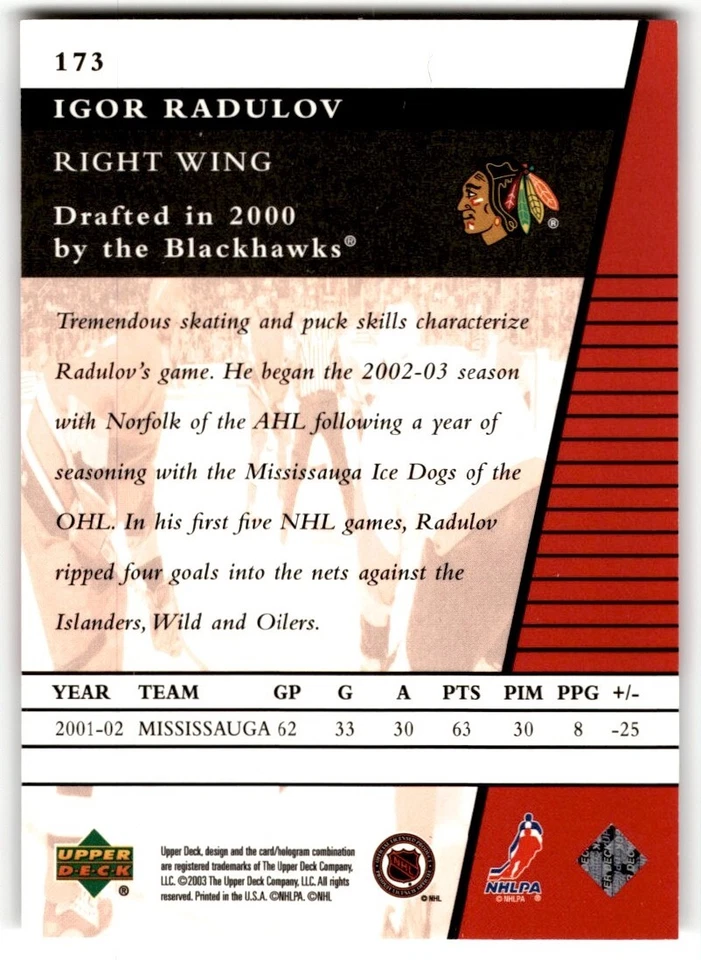 2002-03 Upper Deck Update Inspirations Igor Radulov Rookie /1500 #173 Chicago - Image 2 of 2