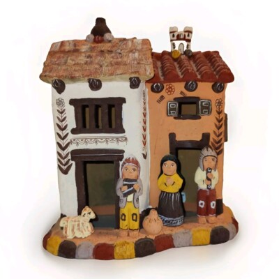Terracotta House Sculpture Peru People Village Handmade Folk Art As Is Peruvian 