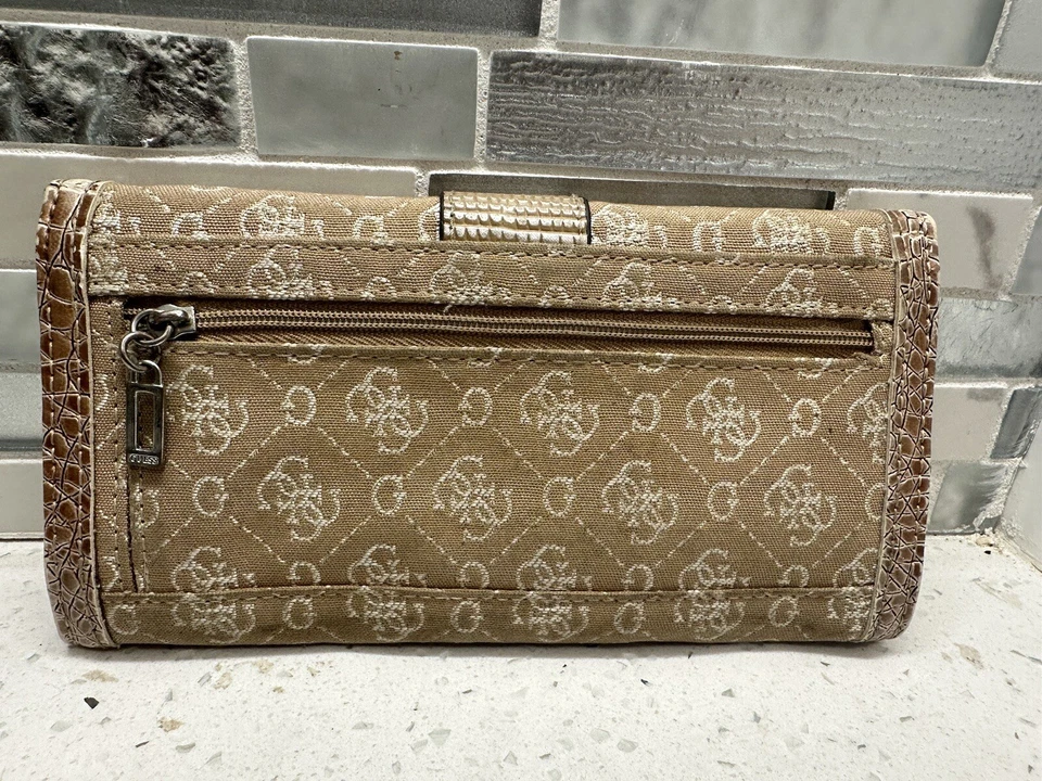 GUESS BEIGE CANVAS/ LEATHER CANCAS MONOGRAMMED Tri-fold WALLET w/ Rhinestones - Image 2 of 4