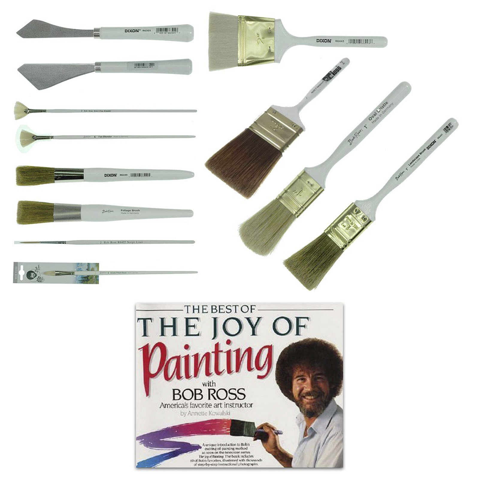 Bob Ross Brush Set Oil Paint Tools & The Best of Joy of Painting Book 13 pcs