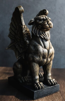 Ebros Lion Gargoyle with Griffin Wings Crouching On Pedestal Statue 6.5'' Tall
