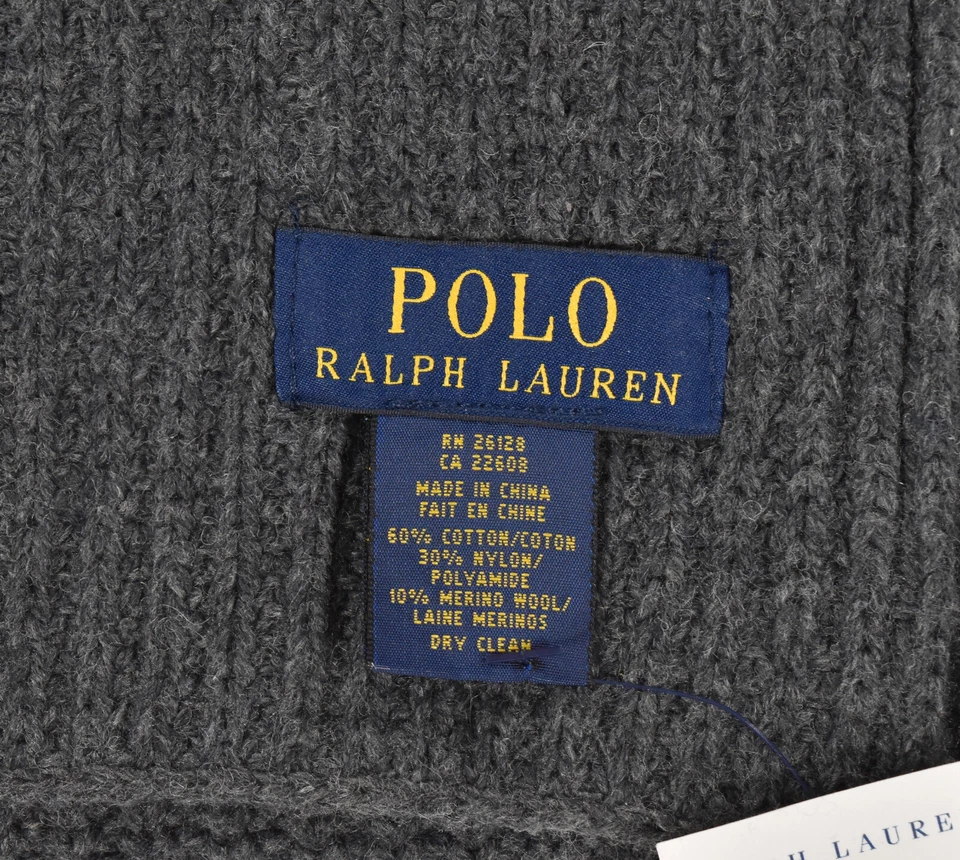 Polo Ralph Lauren Gris Algodón Lana Bandera Suéter Oso Bufanda 9" x 74" Nuevo Foto 3 de 3