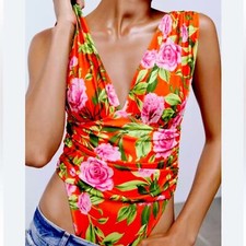 NEW Zara Sleeveless Bodysuit Floral Draped Top Plunge Neckline MEDIUM Tropical