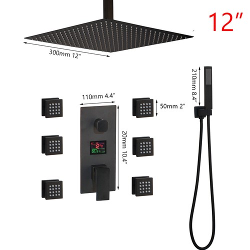 Black 12" Shower Head Digital Mixer Valve Massage Jet Hand Shower Faucet Tap Set - Picture 1 of 12