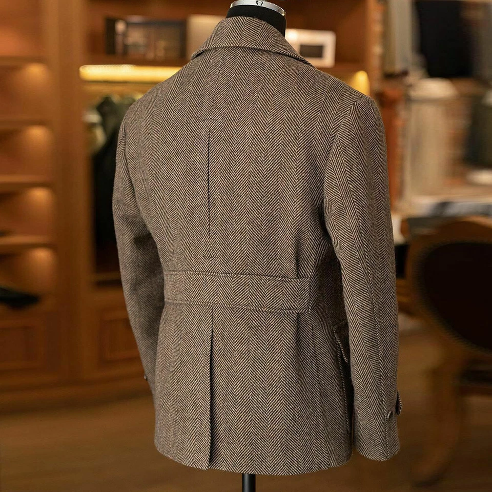 Men's Suit Herringbone British Style Formal Business With Belt Jacket Tweed Coat - Image 4 of 4