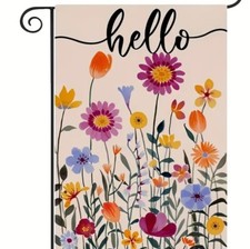 Hello Floral Theme Burlap Garden Flag 12x18