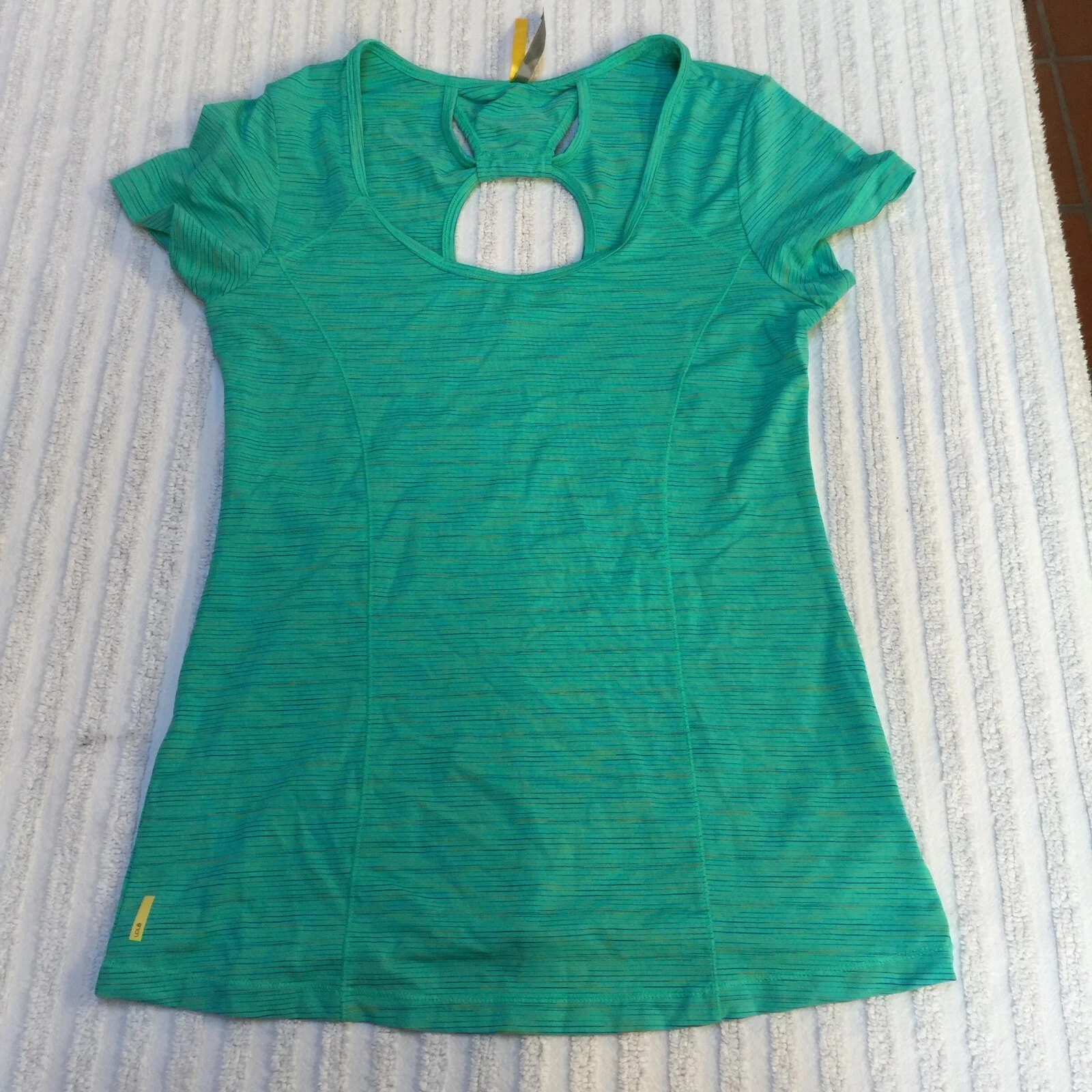 lole scoop neck short sleeve open back striped shirt