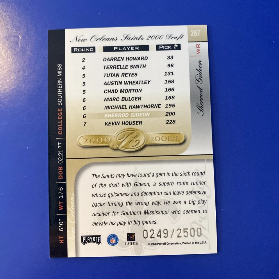 2000 Playoff Prestige NFL 267 Sherrod Gideon SMU SAINTS #/2500 - Image 2 of 2