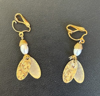1960s Engraved Gold-Tone Drop Earrings w/ Faux Pearl Lever Backs