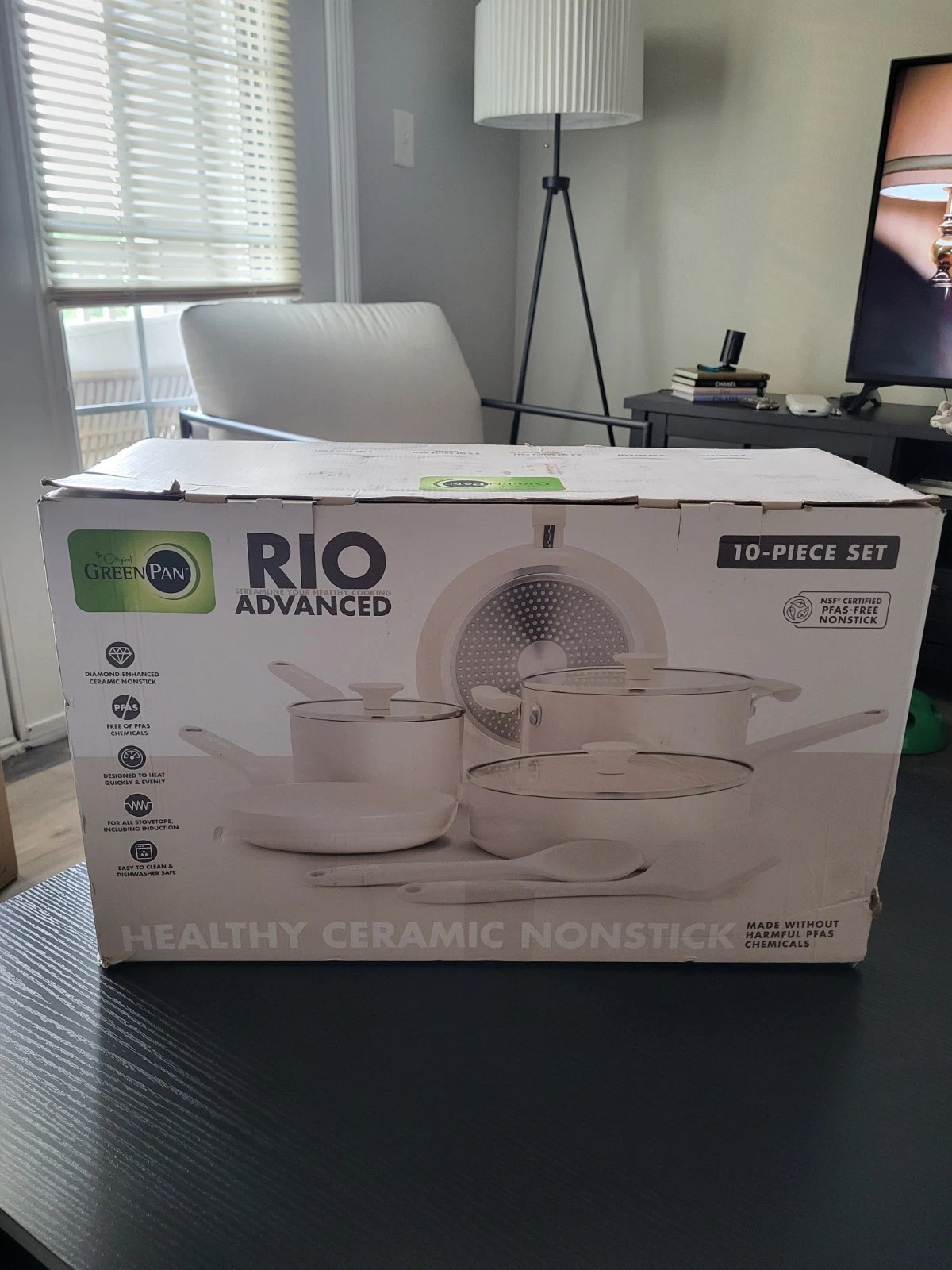 GreenPan Rio Advanced 10pc Ceramic Nonstick Cookware Pots Pans Set Cream