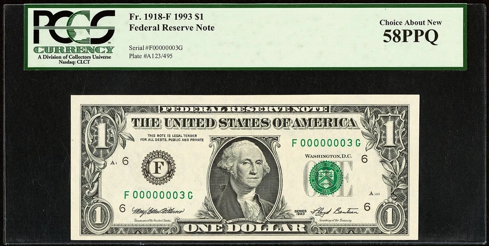 $1 1993 FRN Atlanta Fr# 1918-F Low Serial Number 3 PCGS 58 PPQ -AU - Image 2 of 3