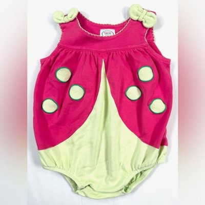 TALBOTS KIDS Vintage Pink & Green Ladybug Bow Strap Bubble One Piece Size 6M