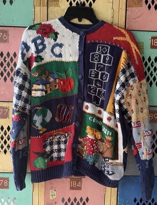 Vintage Bechamel ABC Teacher Cardigan Sweater Embroidered Novelty Grandmacore